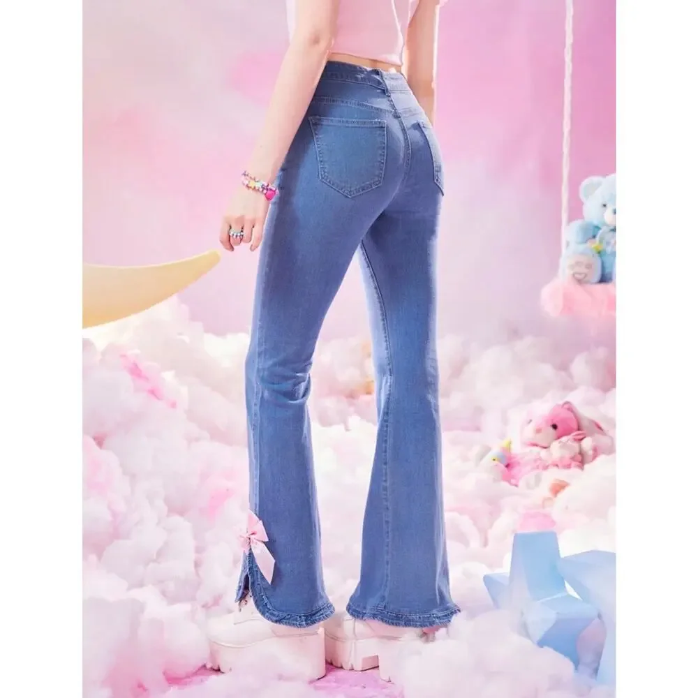 Rowme Kawaii Bow Detail Split Hem Flare Leg Jeans XS 2 Denim pink bows